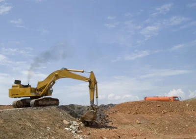 A yellow excavator works on a construction site, lifting dirt against a blue sky, with an orange vehicle visible in the background.